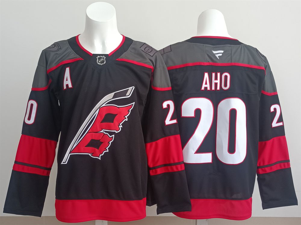 Men 2025 Carolina Hurricanes 20 Aho Black Fanatics Home Premium NHL Jersey style 1